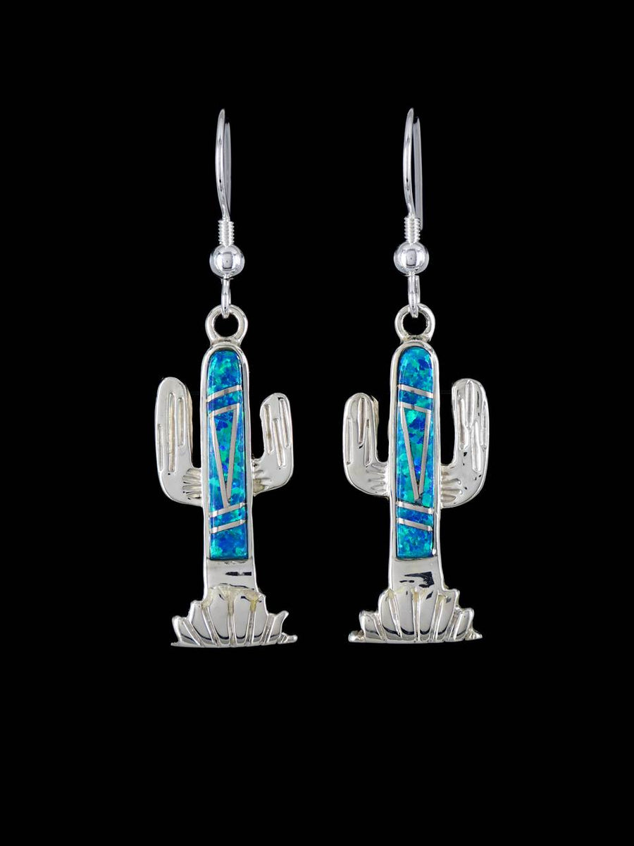 Native American Inlay Cactus Opalite Earrings - Pueblodirect.com