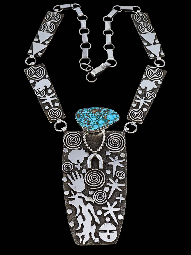 Native American Sterling Silver Kingman Turquoise Maiden Petroglyph Link Necklace - PuebloDirect.com