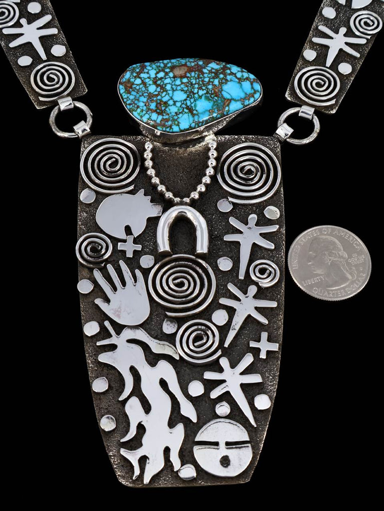 Native American Sterling Silver Kingman Turquoise Maiden Petroglyph Link Necklace - PuebloDirect.com