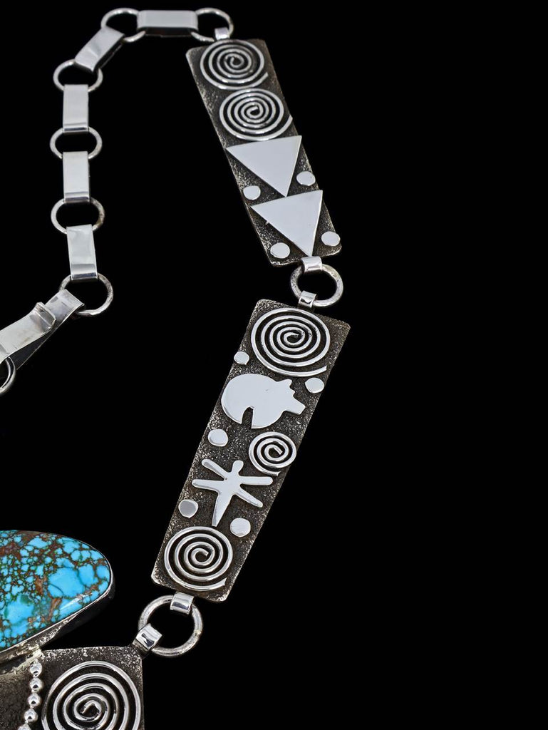 Native American Sterling Silver Kingman Turquoise Maiden Petroglyph Link Necklace - PuebloDirect.com