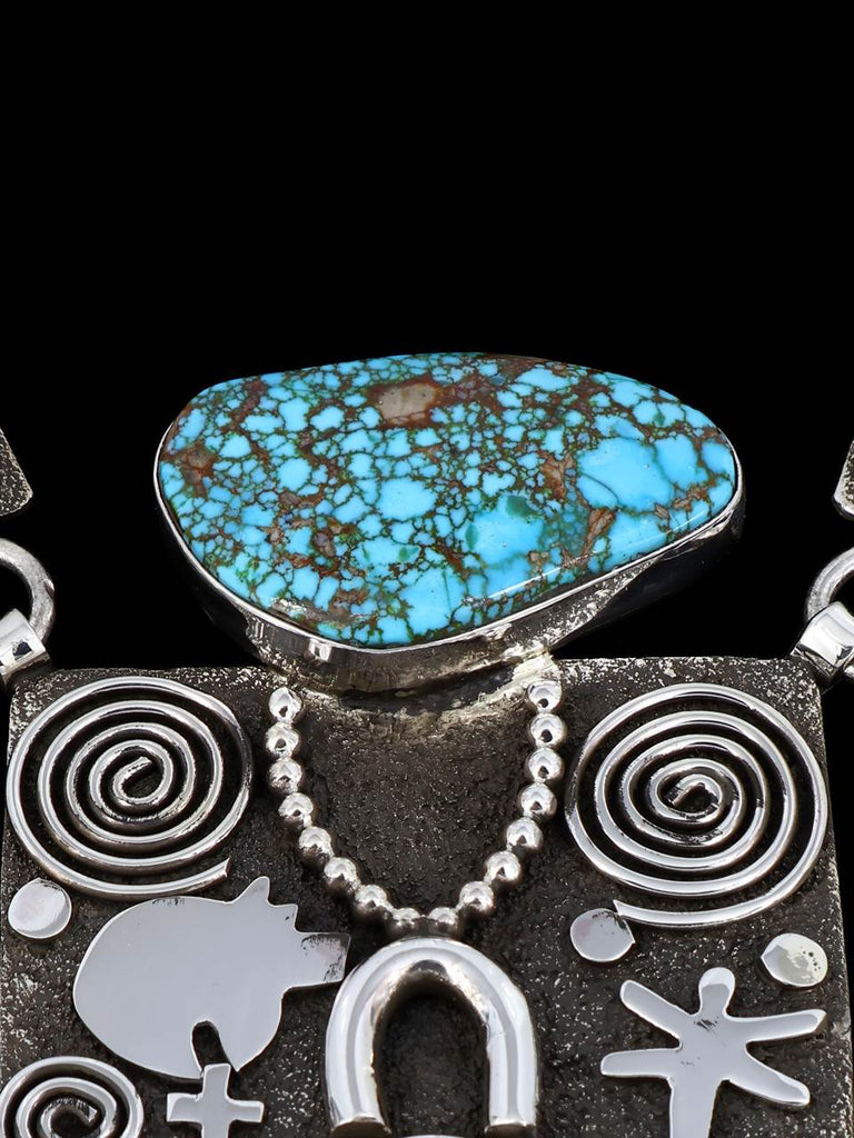 Native American Sterling Silver Kingman Turquoise Maiden Petroglyph Link Necklace - PuebloDirect.com