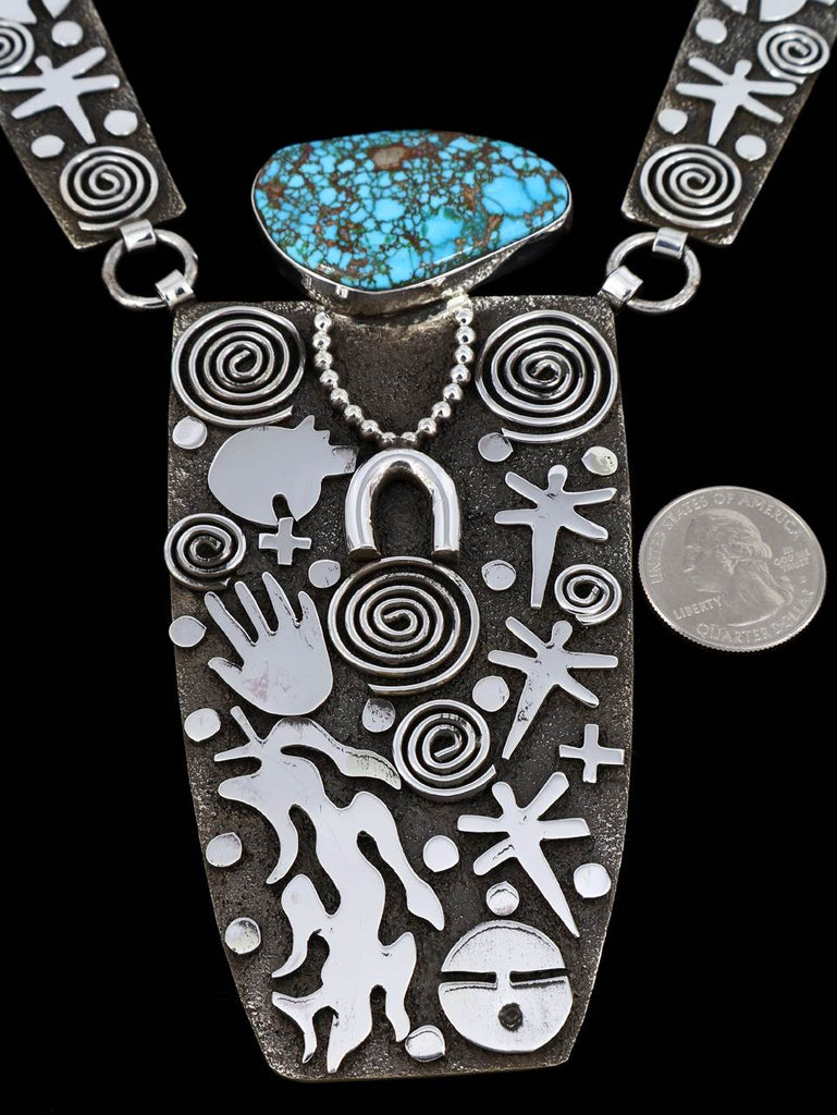 Native American Sterling Silver Kingman Turquoise Maiden Petroglyph Link Necklace - PuebloDirect.com