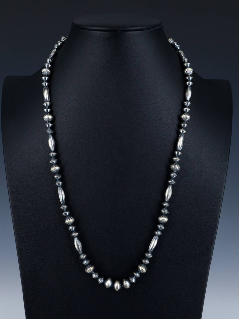 24" Native American Sterling Silver Navajo Handmade Bead Necklace - PuebloDirect.com