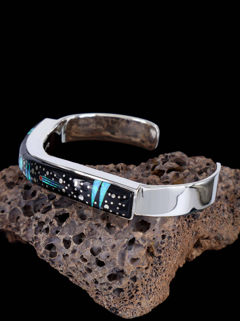 Navajo Sterling Silver Black Jade Night Sky Inlay Bracelet - PuebloDirect.com