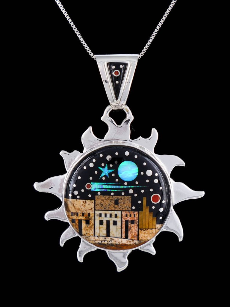 Native American Night Sky Pueblo Scene Inlay Sun Pendant - PuebloDirect.com