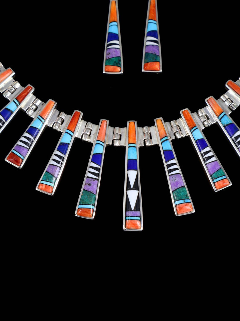 Navajo Multi Stone Inlay Sterling Silver Link Necklace Set - PuebloDirect.com