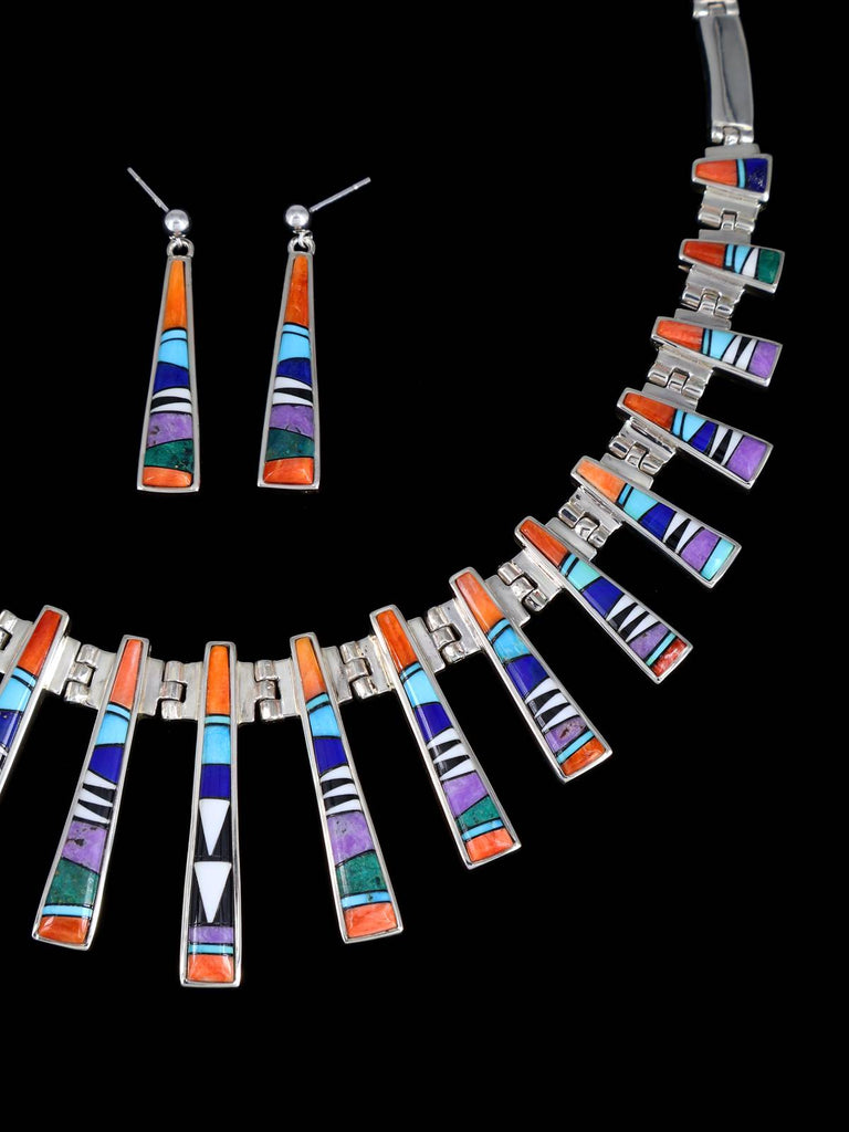 Navajo Multi Stone Inlay Sterling Silver Link Necklace Set - PuebloDirect.com