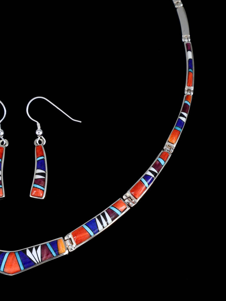 Navajo Multistone Inlay Sterling Silver Link Necklace Set - PuebloDirect.com