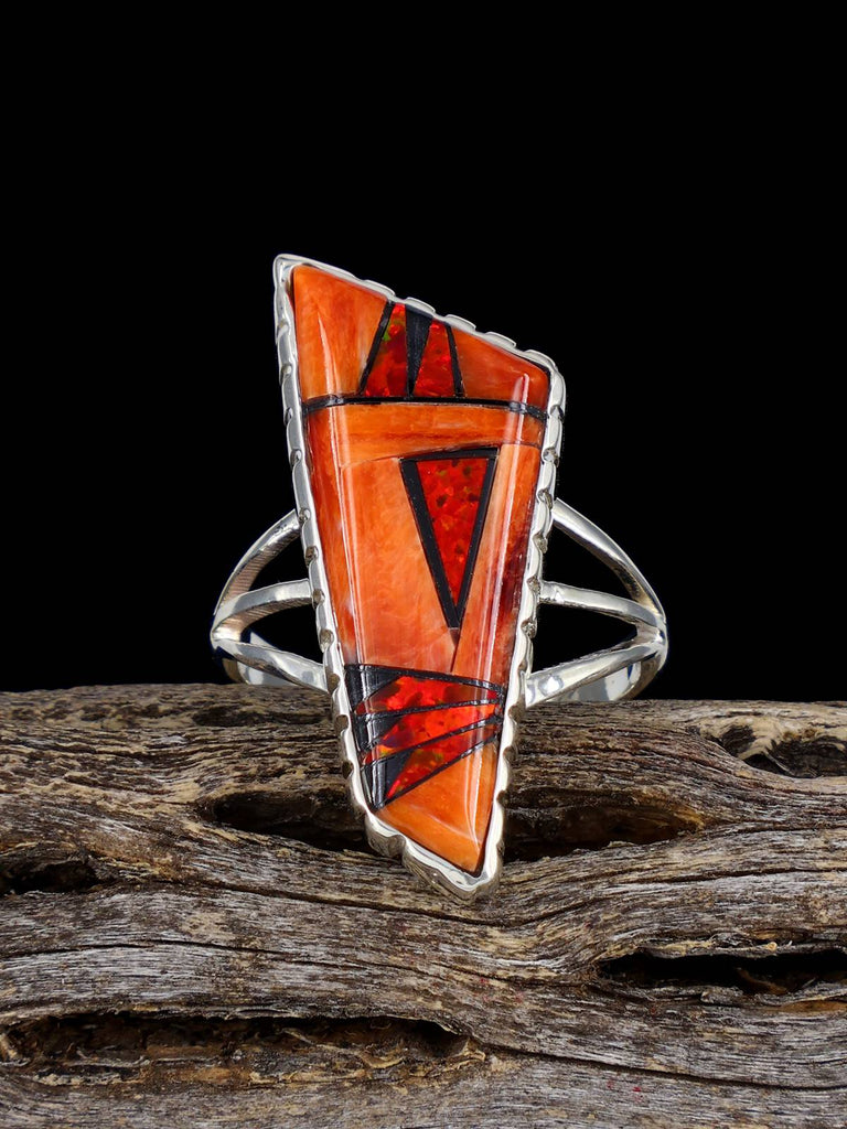 Navajo Spiny Oyster and Opalite Inlay Ring, Size 8 1/2 - PuebloDirect.com