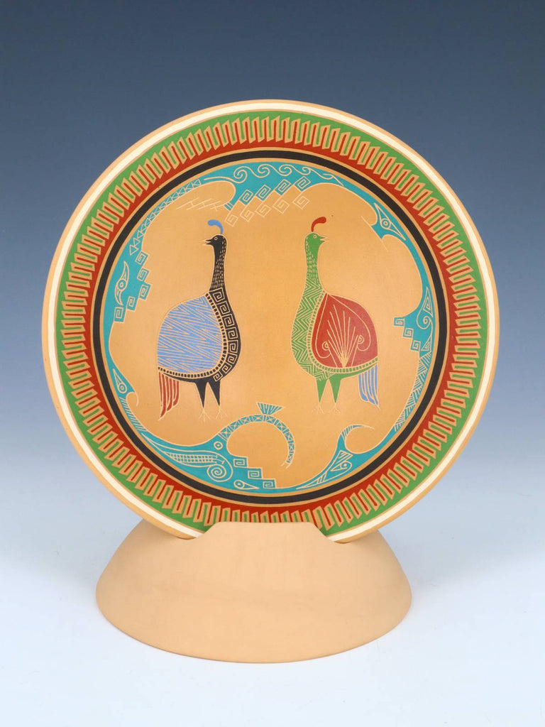 Mata Ortiz Hand Coiled Pottery Etched Quail Plate With Stand - PuebloDirect.com