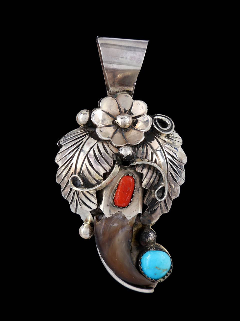 Navajo Sterling Silver Turquoise and Coral Claw Pendant - PuebloDirect.com