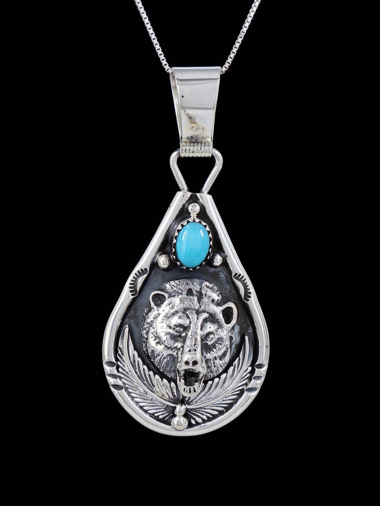 Navajo Sterling Silver 3D Turquoise Bear Pendant - PuebloDirect.com