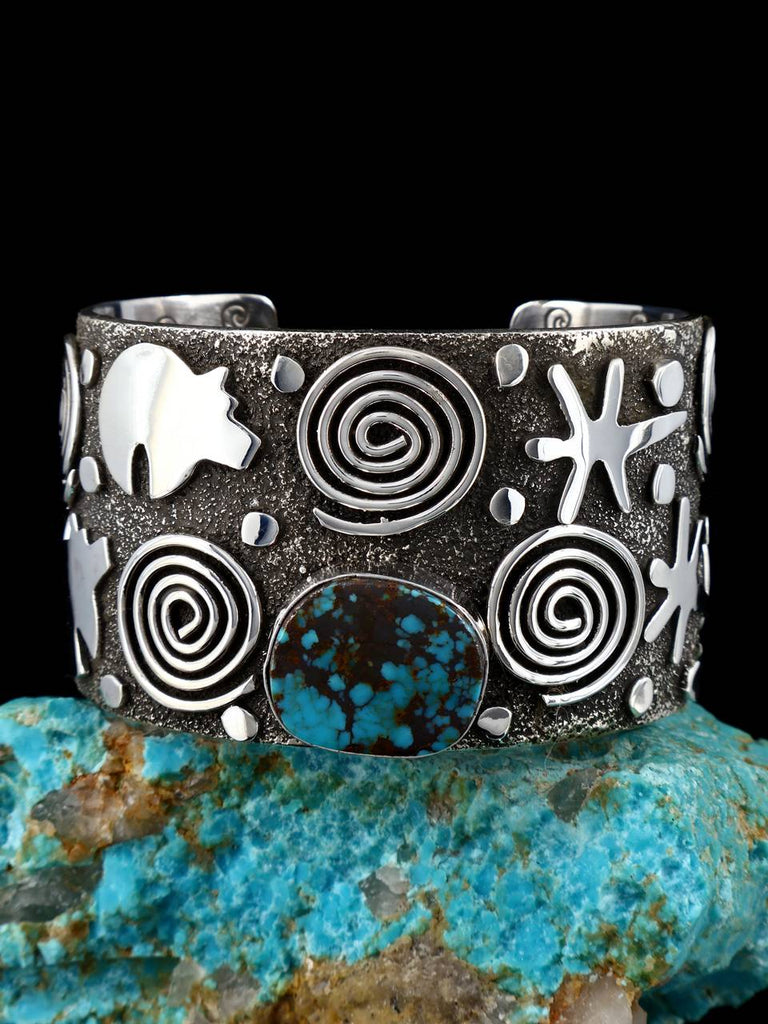 Navajo Sterling Silver Pilot Mountain Turquoise Petroglyph Cuff Bracelet - PuebloDirect.com