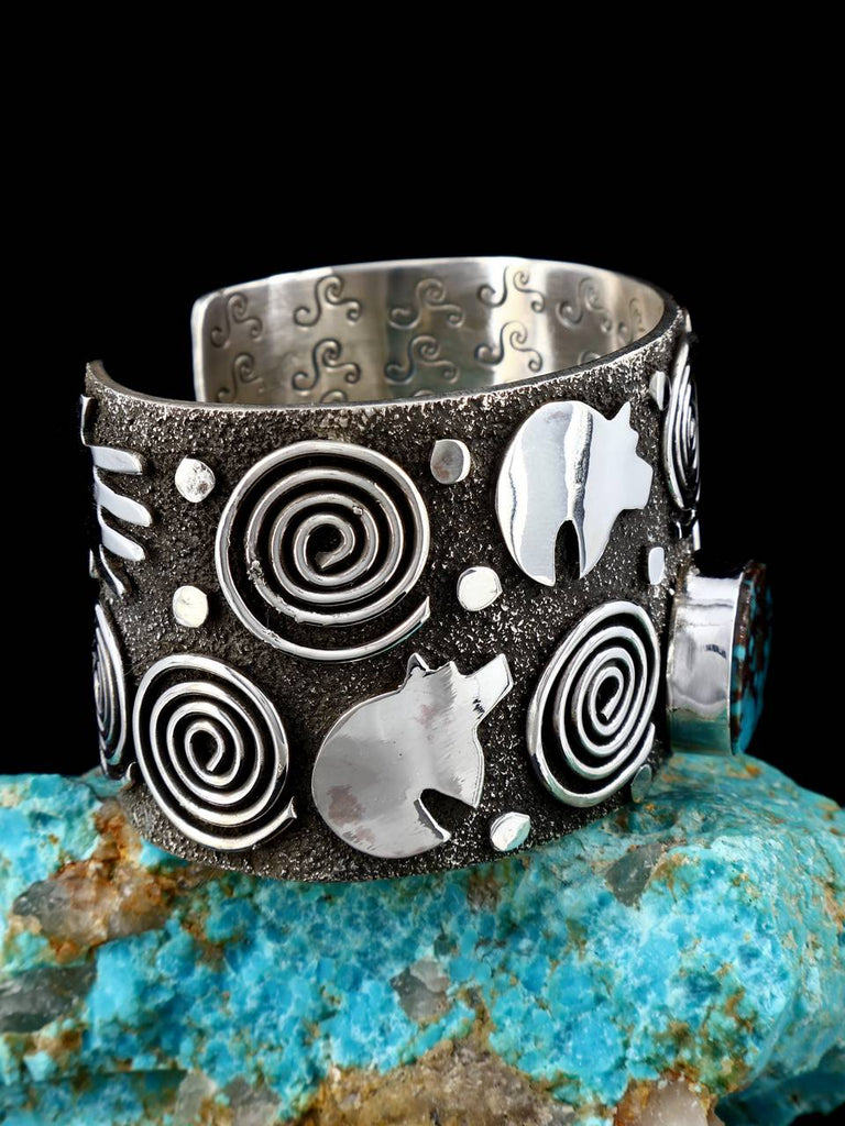 Navajo Sterling Silver Pilot Mountain Turquoise Petroglyph Cuff Bracelet - PuebloDirect.com