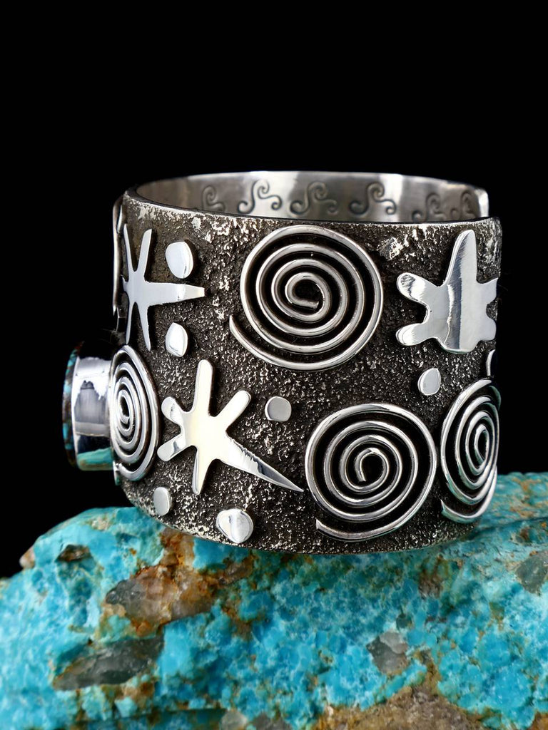 Navajo Sterling Silver Pilot Mountain Turquoise Petroglyph Cuff Bracelet - PuebloDirect.com