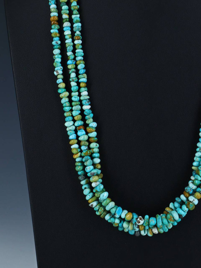 Native American Jewelry Three Strand Polychrome Lone Mountain Turquoise Necklace - PuebloDirect.com