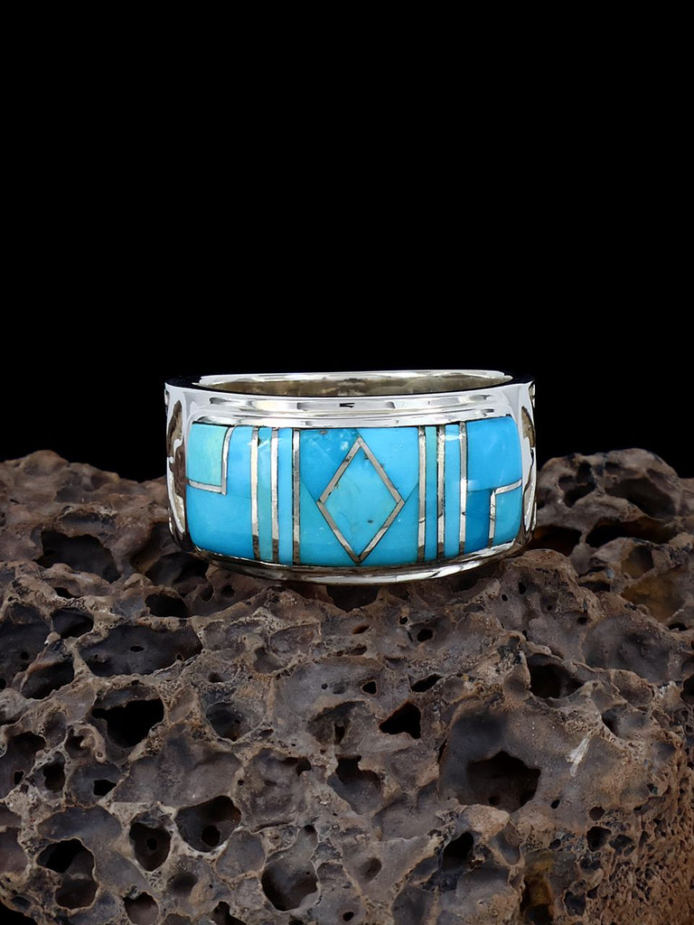 Navajo Turquoise Inlay Ring, Size 10 - PuebloDirect.com