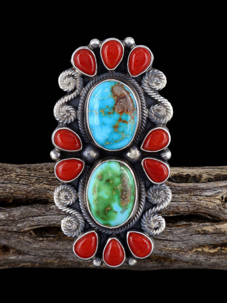 Navajo Coral and Turquoise Ring, Adjustable Sizes - PuebloDirect.com