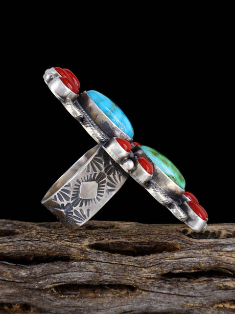 Navajo Coral and Turquoise Ring, Adjustable Sizes - PuebloDirect.com