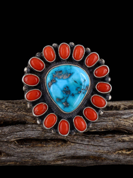 Navajo Coral and Turquoise Ring, Adjustable Sizes - PuebloDirect.com