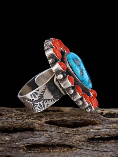 Navajo Coral and Turquoise Ring, Adjustable Sizes - PuebloDirect.com