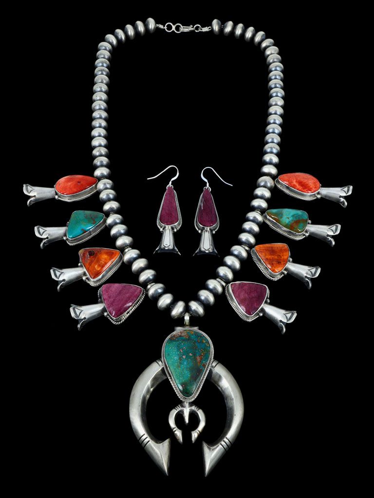 Old Pawn Navajo Squash Blossom Necklace Morenci Nugget Turquoise - Ruby Lane