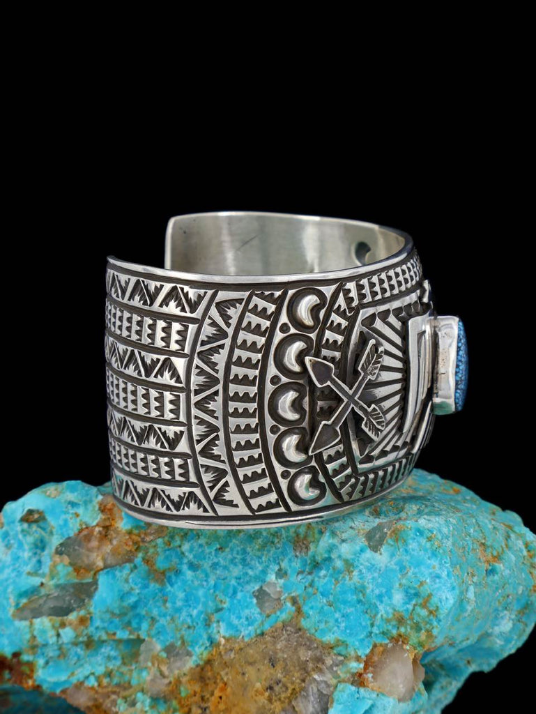 Native American Kingman Turquoise Sterling Silver Thunderbird Cuff Bracelet - PuebloDirect.com