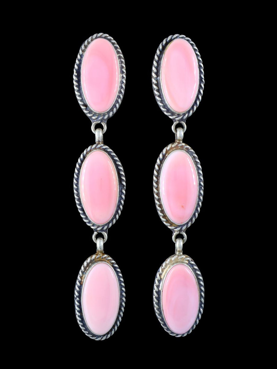 Native American Sterling Silver Pink Conch Dangle Post Earrings 