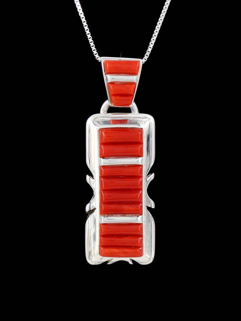 Navajo Cornrow Inlay Coral Sterling Silver Pendant - PuebloDirect.com