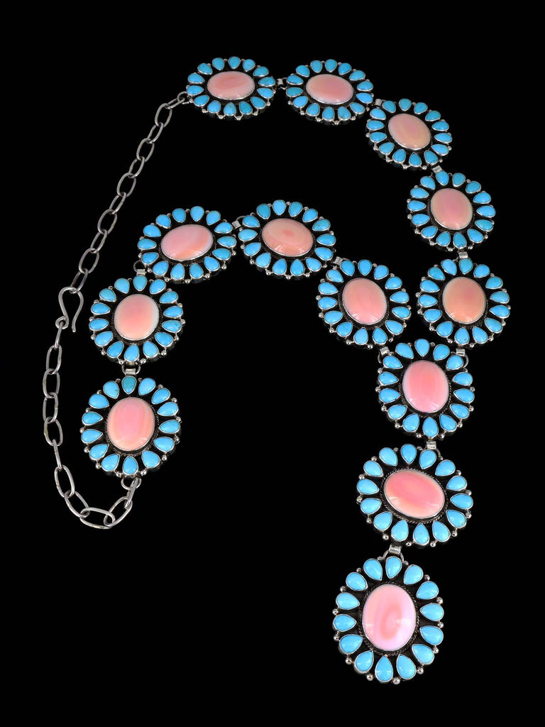 Navajo Jewelry Pink Conch and Sleeping Beauty Turquoise Lariat Necklace - PuebloDirect.com