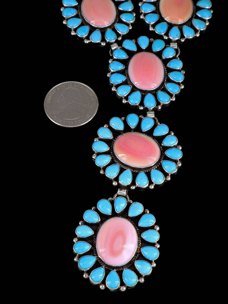 Navajo Jewelry Pink Conch and Sleeping Beauty Turquoise Lariat Necklace - PuebloDirect.com