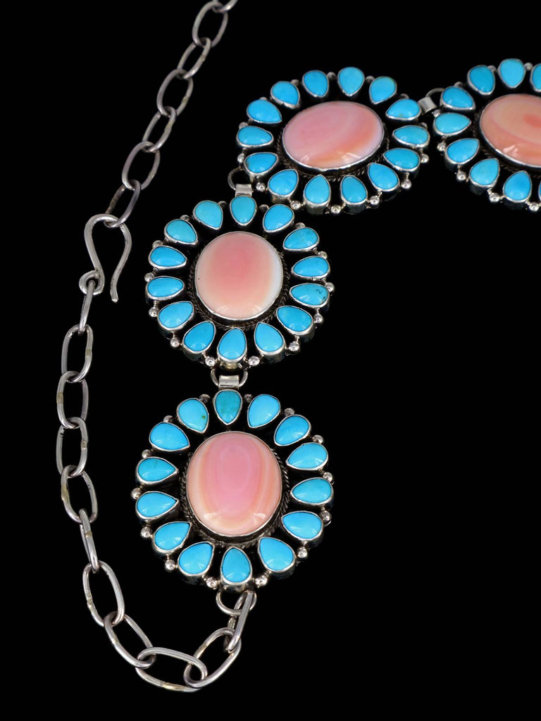 Navajo Jewelry Pink Conch and Sleeping Beauty Turquoise Lariat Necklace - PuebloDirect.com