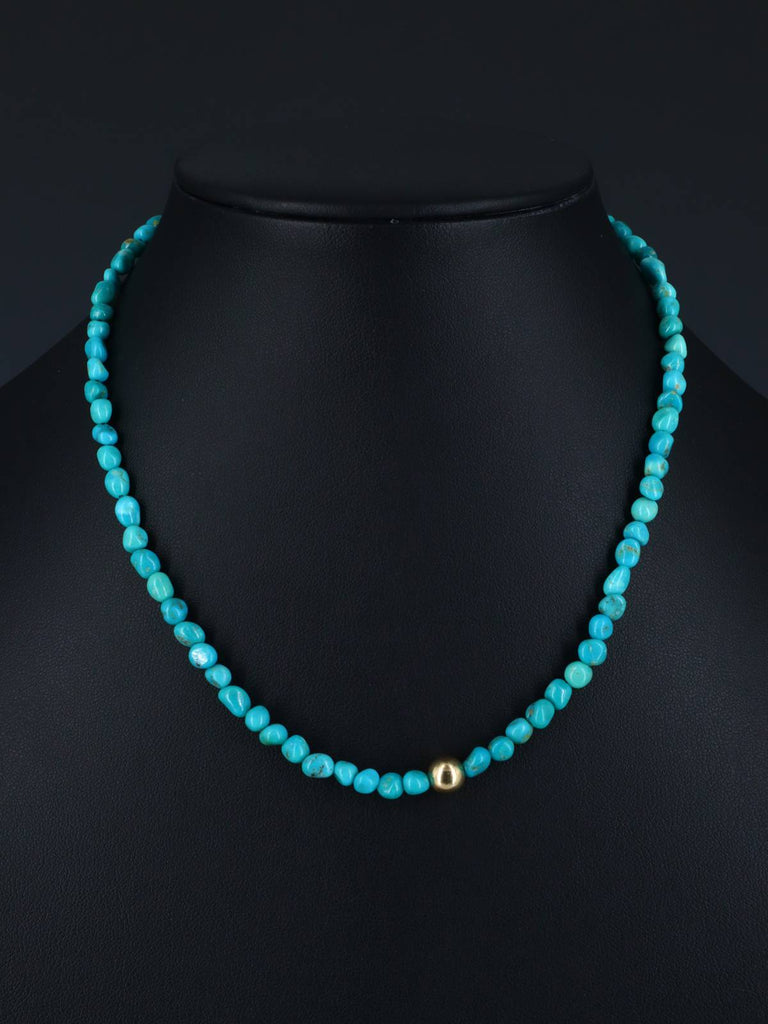 16" Native American Turquoise and 18kt Gold Plated Bead Necklace - PuebloDirect.com