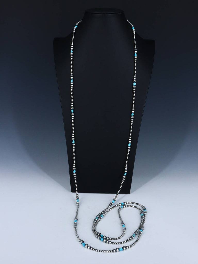 72" Extra Long Native American Turquoise Silver Beaded Wrap Necklace - PuebloDirect.com