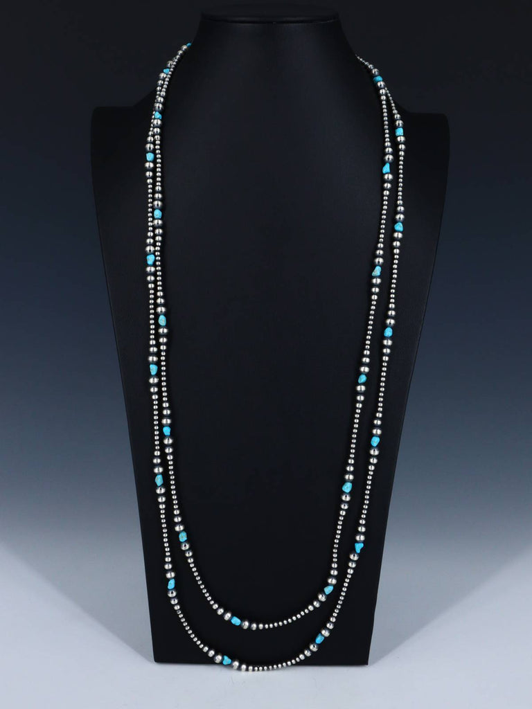 72" Extra Long Native American Turquoise Silver Beaded Wrap Necklace - PuebloDirect.com