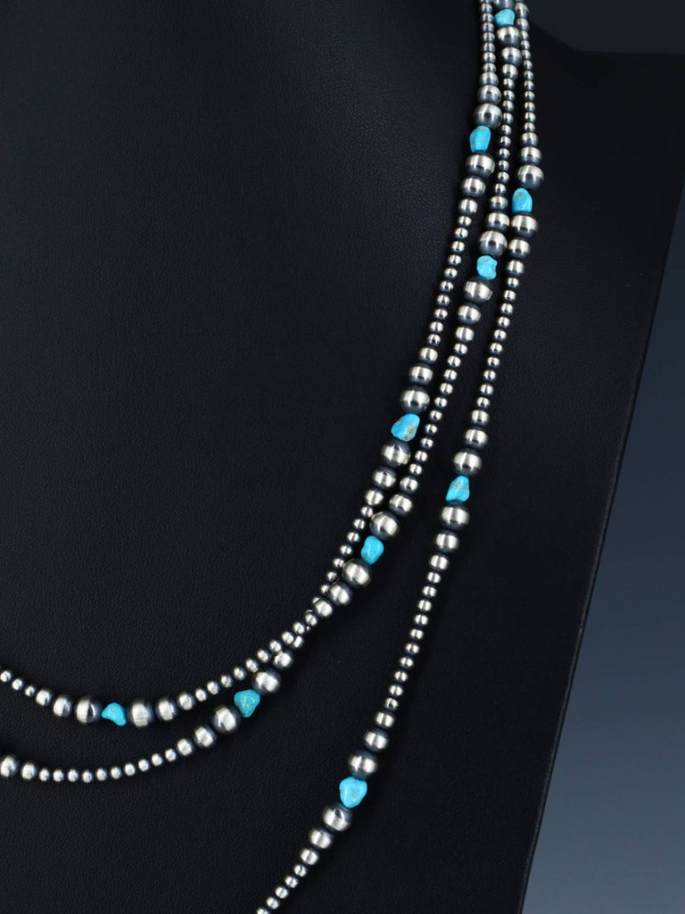 72" Extra Long Native American Turquoise Silver Beaded Wrap Necklace - PuebloDirect.com