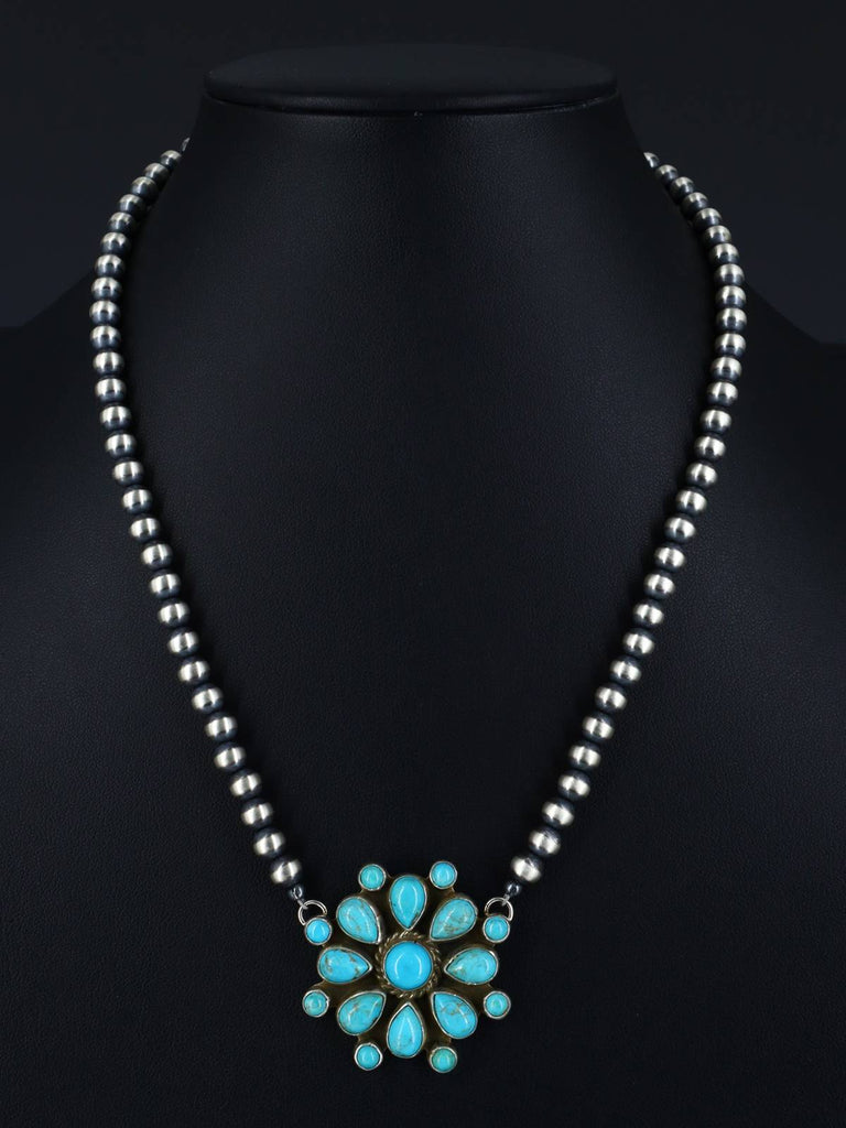 16" Native American Turquoise and Sterling Silver Beaded Necklace - PuebloDirect.com