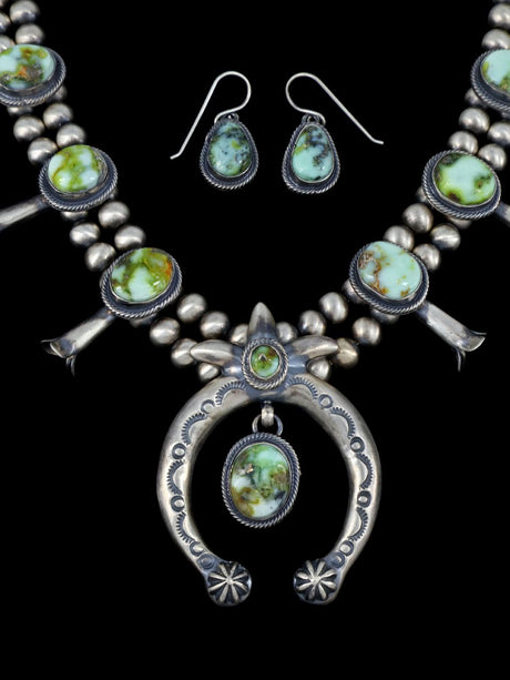 Nevada Palomino Variscite Native American Squash Blossom Necklace Set - PuebloDirect.com