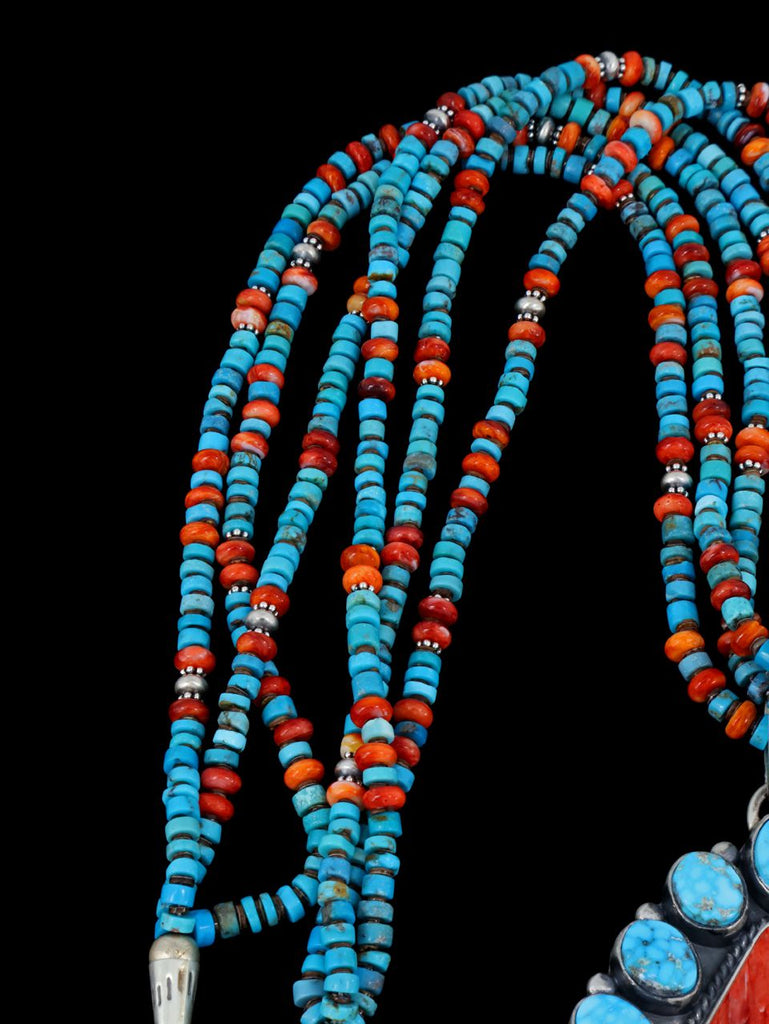 Spiny Oyster and Turquoise Navajo Sterling Silver Pendant With Beads - PuebloDirect.com