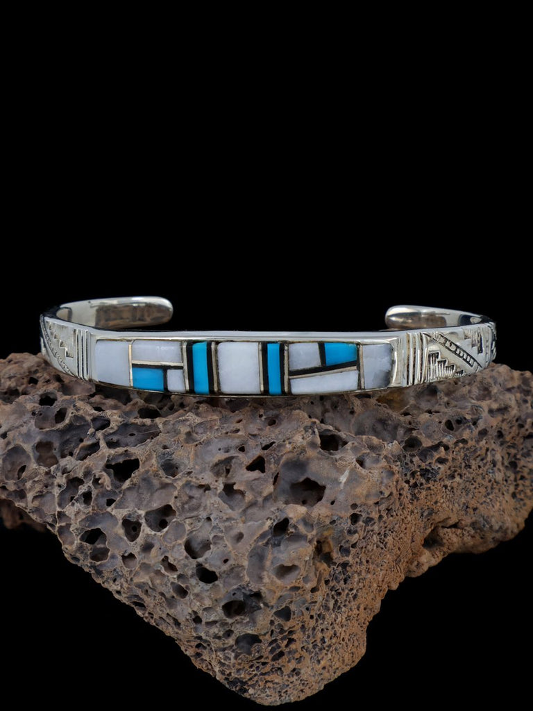 Native American White Buffalo and Turquoise Inlay Cuff Bracelet - PuebloDirect.com