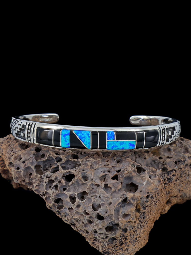Native American Sterling Silver Onyx and Opal Inlay Bracelet - PuebloDirect.com