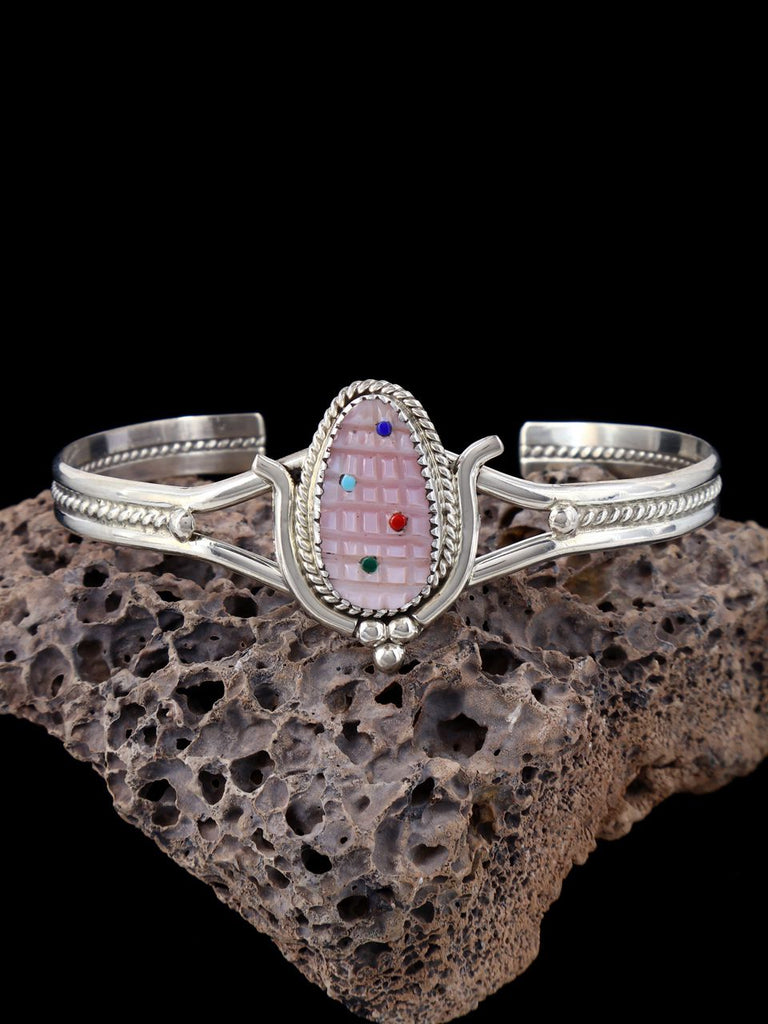 Zuni Pueblo Sterling Silver Pink Shell Corn Bracelet - PuebloDirect.com