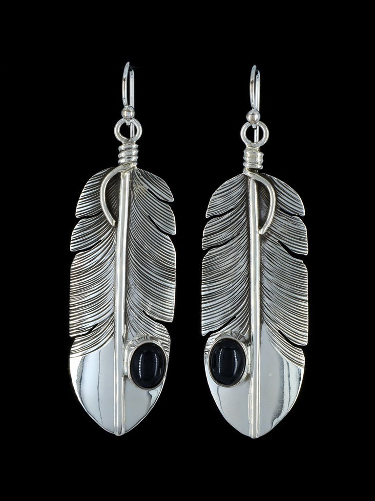 Navajo Sterling Silver Onyx Feather Dangle Earrings - PuebloDirect.com