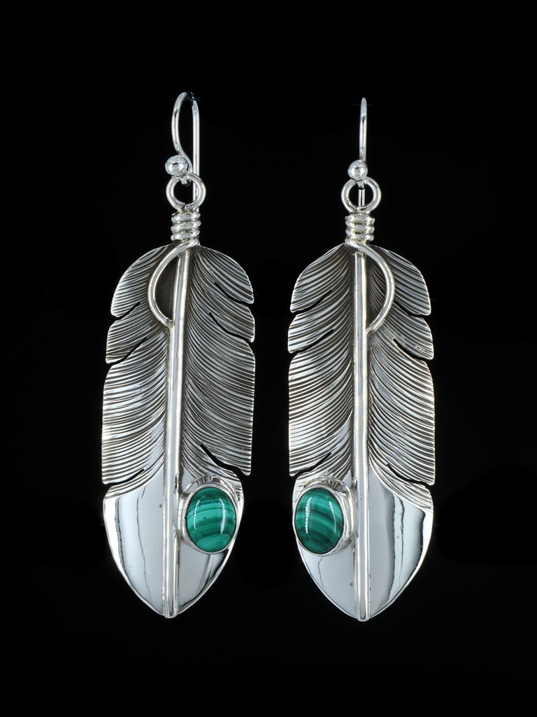 Navajo Sterling Silver Malachite Feather Dangle Earrings - PuebloDirect.com