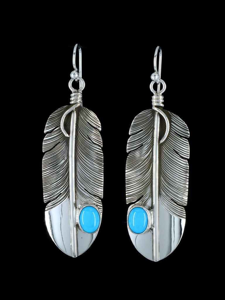 Navajo Sterling Silver Turquoise Feather Dangle Earrings - PuebloDirect.com