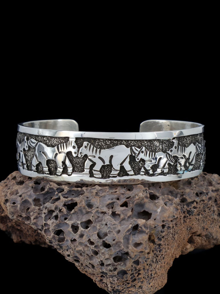 Navajo Sterling Silver Wild Horses Cuff Bracelet - PuebloDirect.com