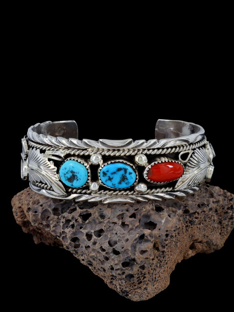 Native American Sterling Silver Turquoise and Coral Cuff Bracelet - PuebloDirect.com
