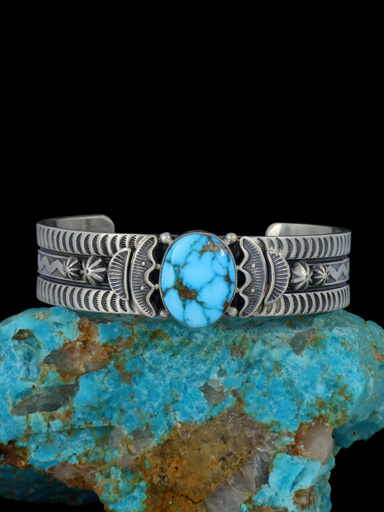 Native American Sterling Silver Kingman Turquoise Stamped Cuff Bracelet - PuebloDirect.com