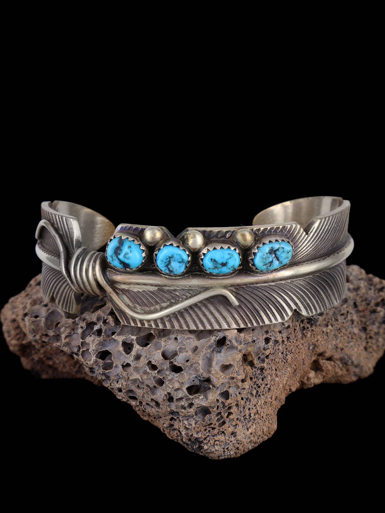 Navajo Sterling Silver Turquoise Feather Cuff Bracelet - PuebloDirect.com