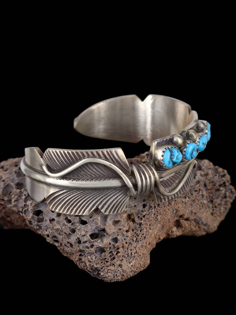 Navajo Sterling Silver Turquoise Feather Cuff Bracelet - PuebloDirect.com